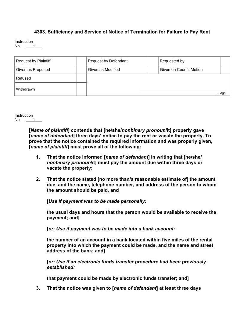 4303. Sufficiency and Service of Notice of Termination for Failure to Pay Rent | Pdf Doc Docx | Jury Instructions
