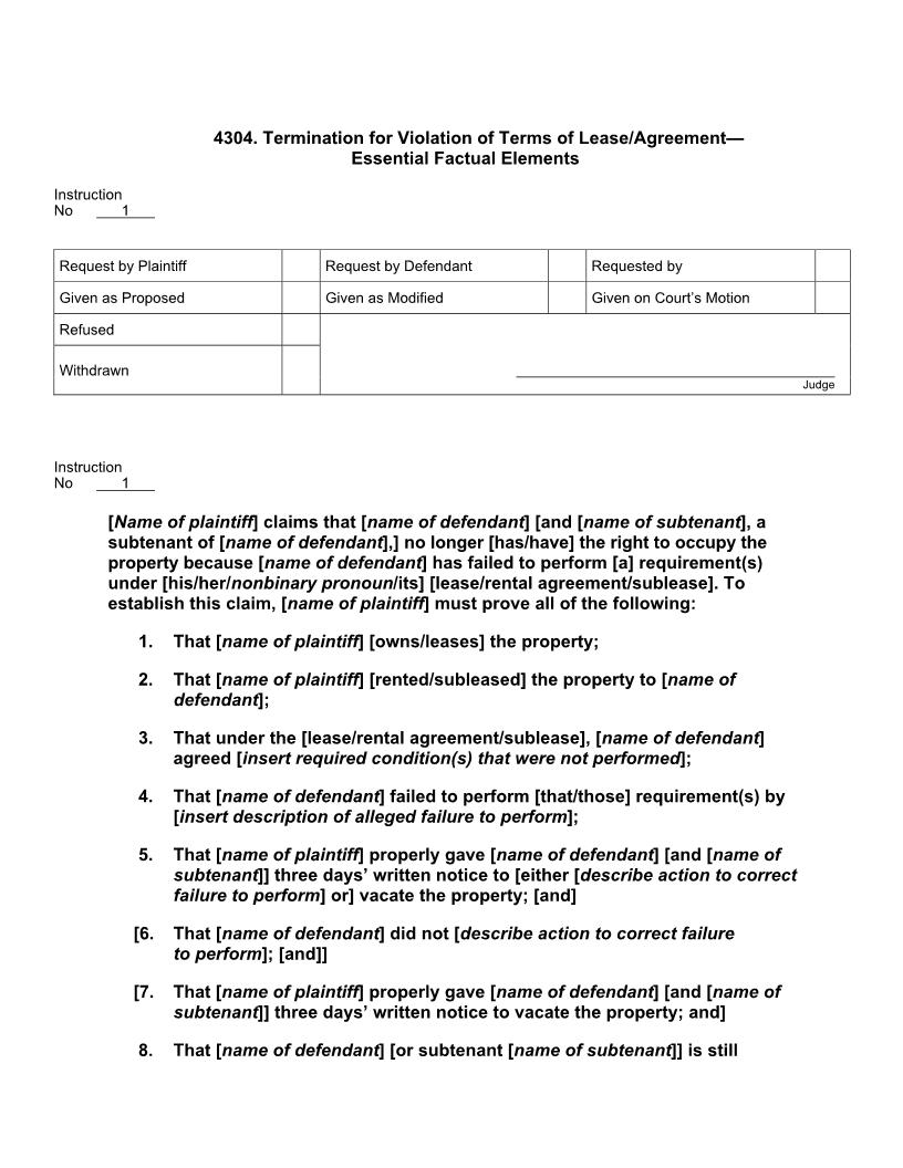 4304. Termination for Violation of Terms of Lease Agreement Essential Factual Elements | Pdf Doc Docx | Jury Instructions