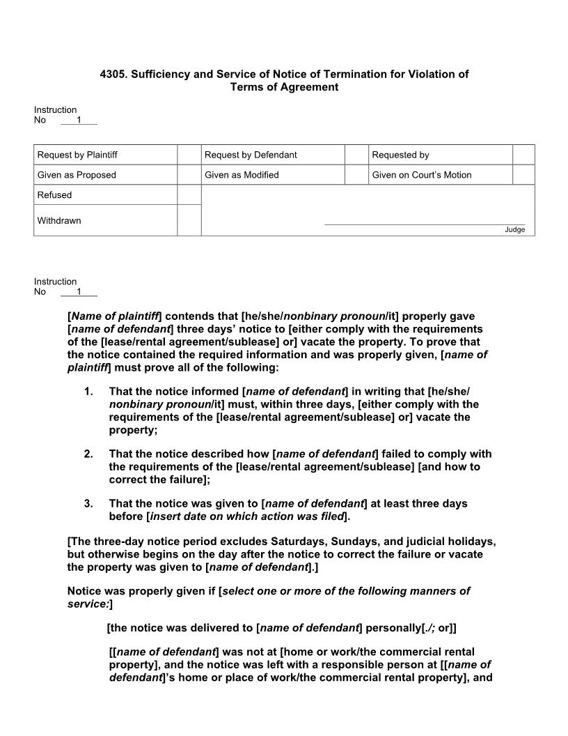 4305. Sufficiency and Service of Notice of Termination for Violation of Terms of Agreement | Pdf Doc Docx | Jury Instructions