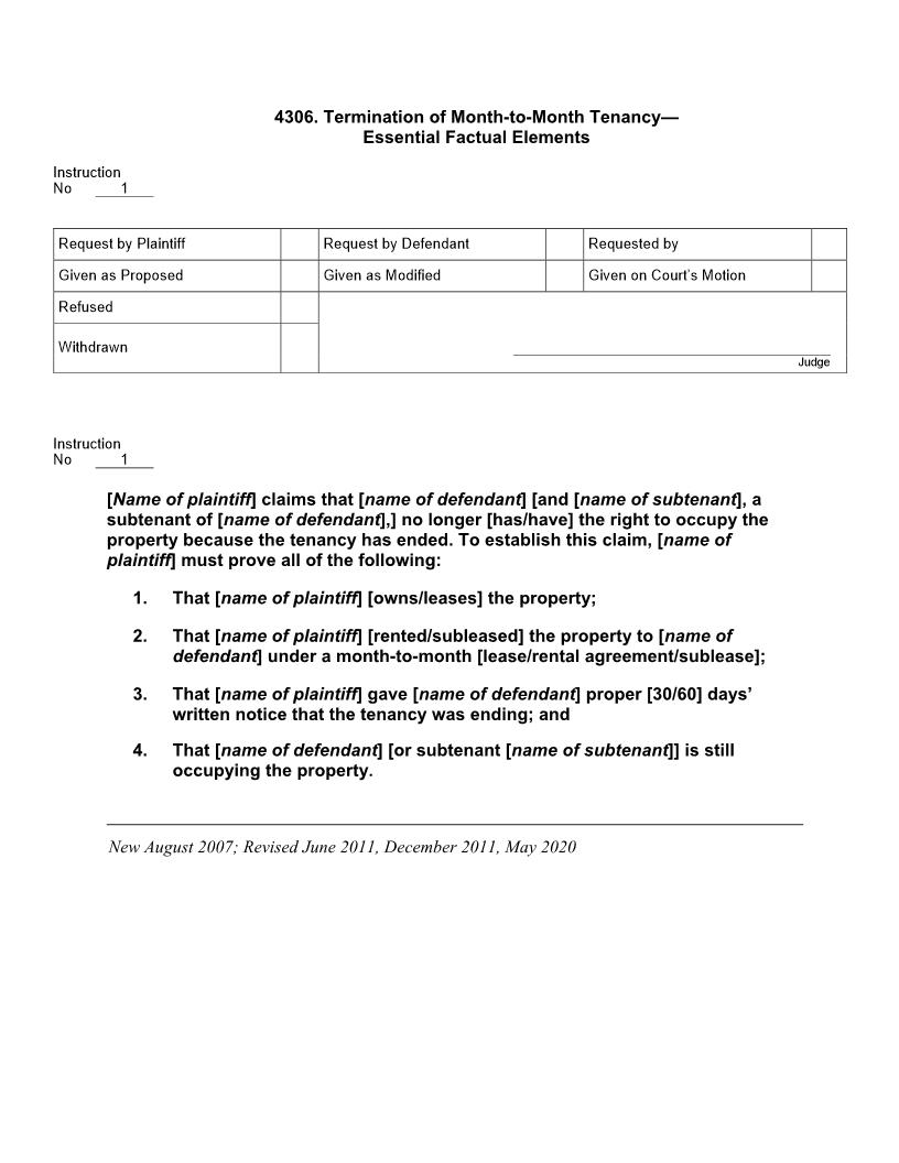 4306. Termination of Month to Month Tenancy Essential Factual Elements | Pdf Doc Docx | Jury Instructions
