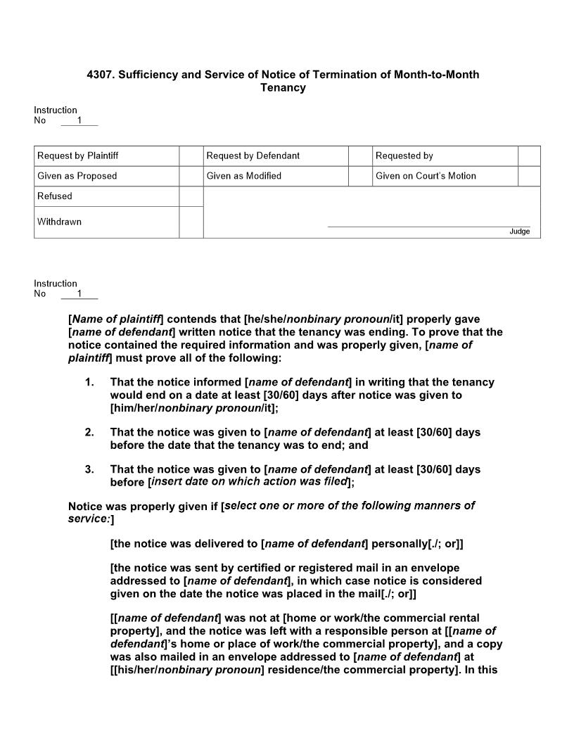 4307. Sufficiency and Service of Notice of Termination of Month to Month Tenancy | Pdf Doc Docx | Jury Instructions