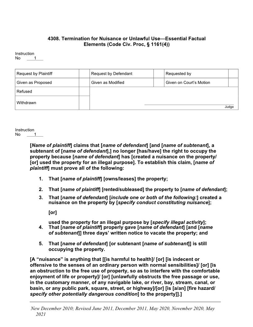 4308. Termination For Nuisance Or Unlawful Use Essential Factual Elements | Pdf Doc Docx | Jury Instructions