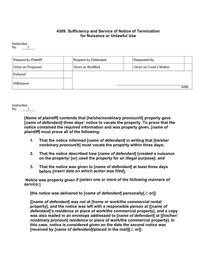 4309. Sufficiency and Service of Notice of Termination for Nuisance or Unlawful Use | Pdf Doc Docx | Jury Instructions