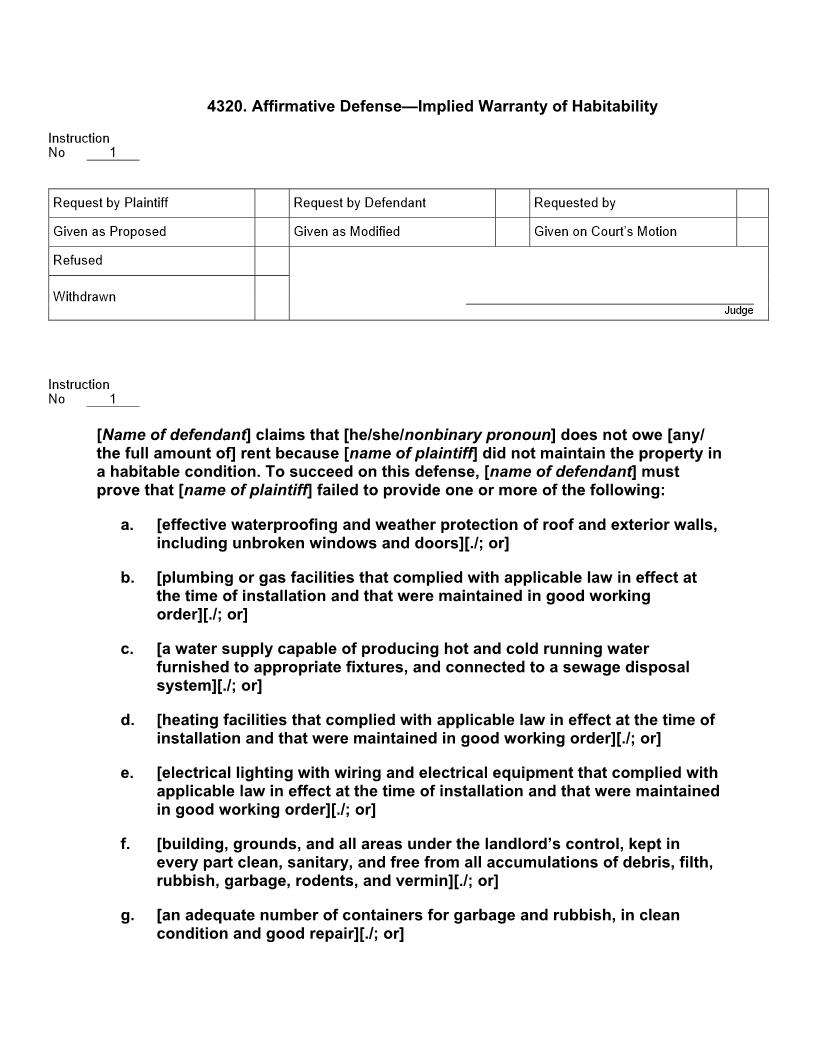 4320. Affirmative Defense Implied Warranty of Habitability | Pdf Doc Docx | Jury Instructions