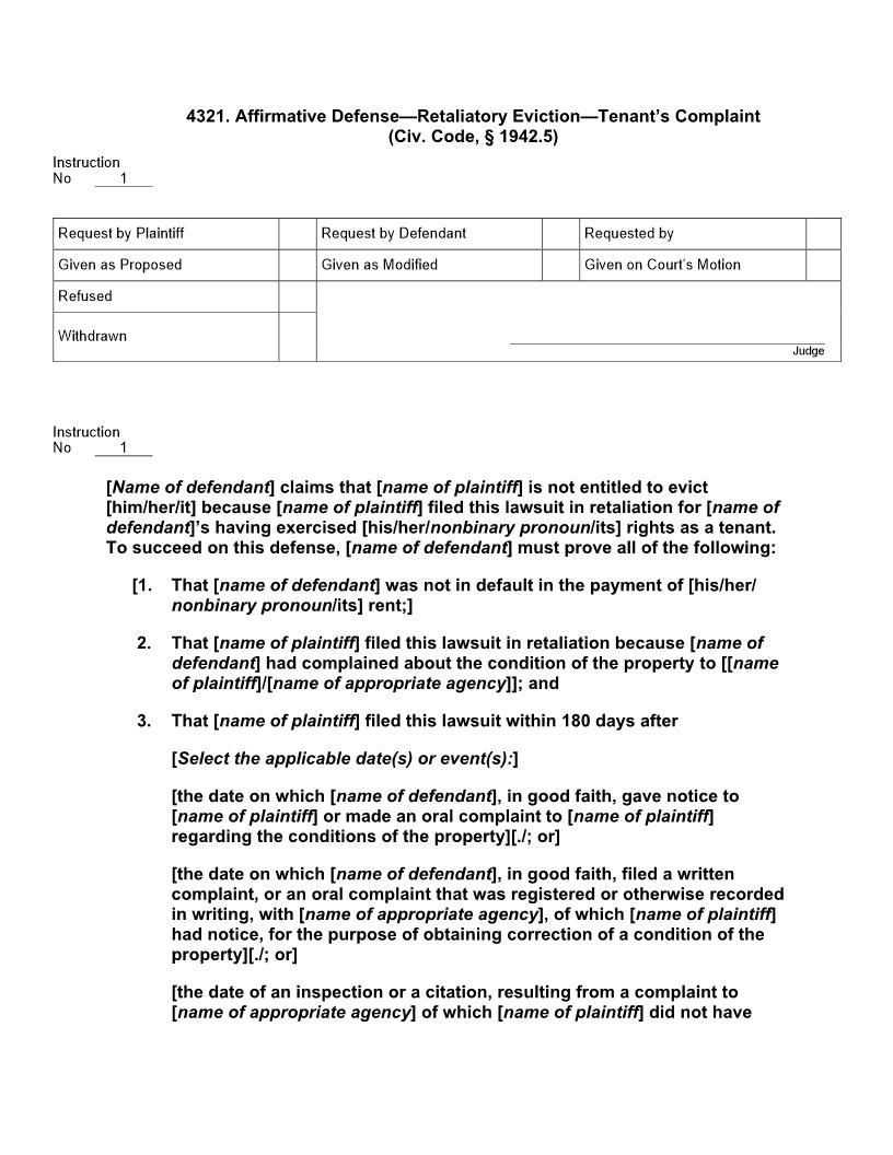 4321. Affirmative Defense Retaliatory Eviction Tenants Complaint (Civ. Code, § 1942.5) | Pdf Doc Docx | Jury Instructions