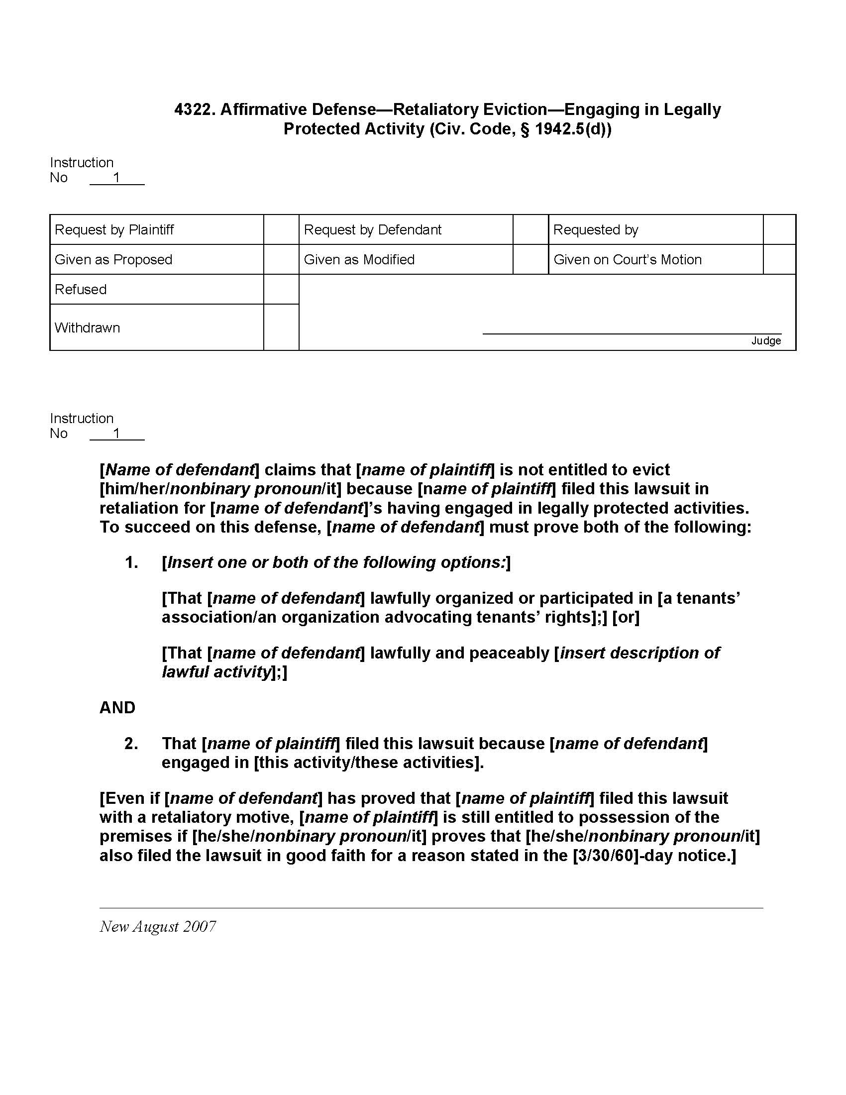 4322. Affirmative Defense Retaliatory Eviction Engaging In Legally Protected Activity | Pdf Doc Docx | Jury Instructions