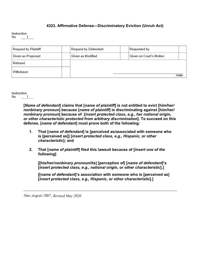 4323. Affirmative Defense Discriminatory Eviction (Unruh Act) | Pdf Doc Docx | Jury Instructions