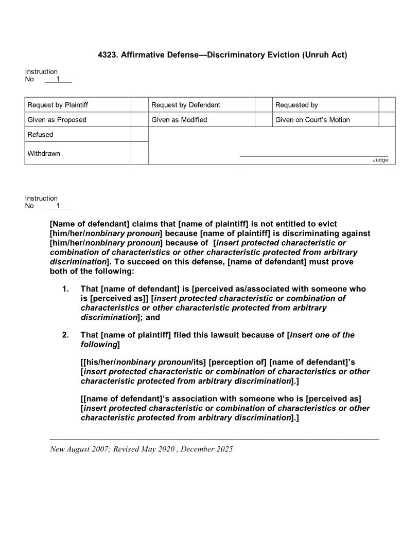 4323. Affirmative Defense Discriminatory Eviction (Unruh Act) | Pdf Doc Docx | Jury Instructions