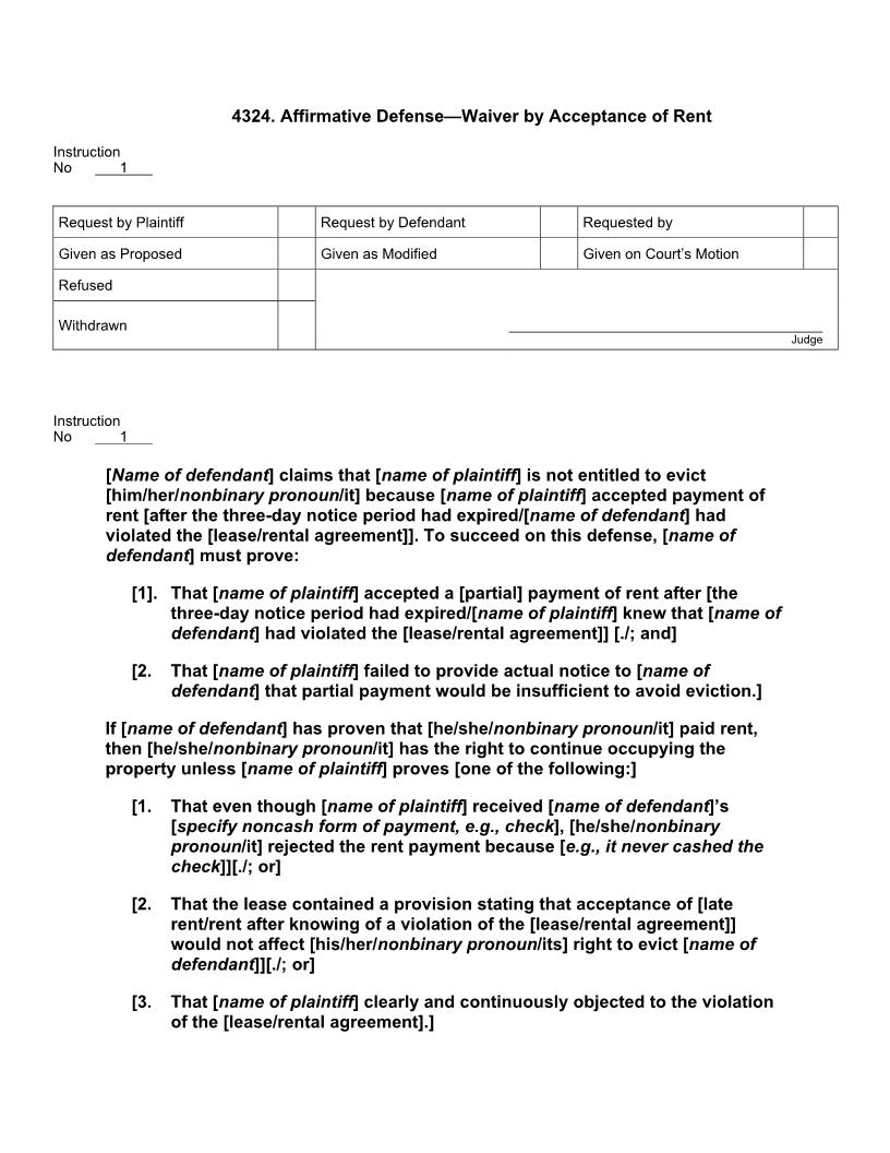 4324. Affirmative Defense Waiver by Acceptance of Rent | Pdf Doc Docx | Jury Instructions