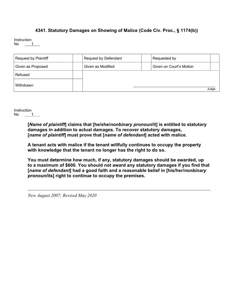 4341. Statutory Damages on Showing of Malice (Code Civ. Proc., § 1174(b)) | Pdf Doc Docx | Jury Instructions
