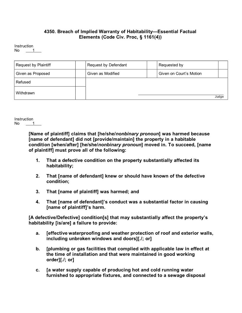 4350. Breach Of Implied Warranty Of Habitability Essential Factual Elements | Pdf Docx | Jury Instructions