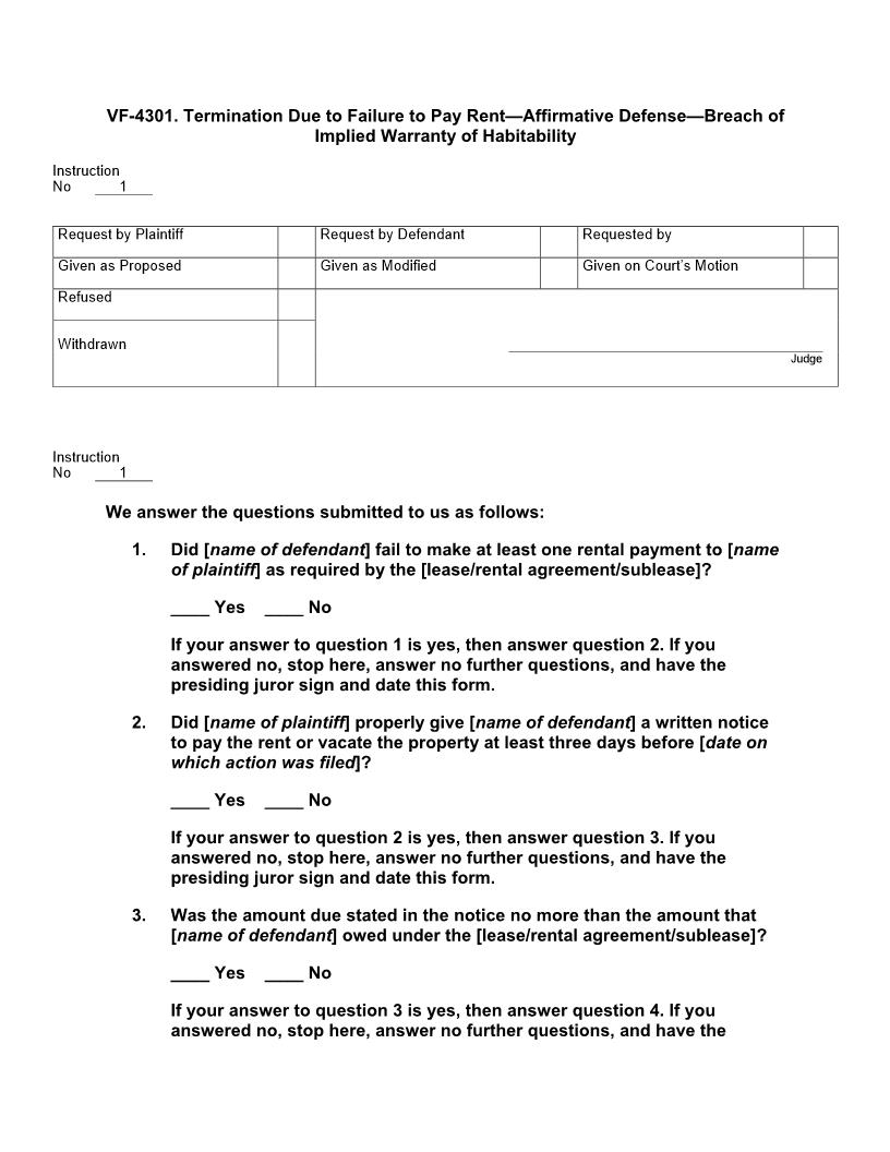 VF 4301. Termination Due to Failure to Pay Rent Affirmative Defense Breach of Implied Warranty of Habitability | Pdf Doc Docx | Jury Instructions