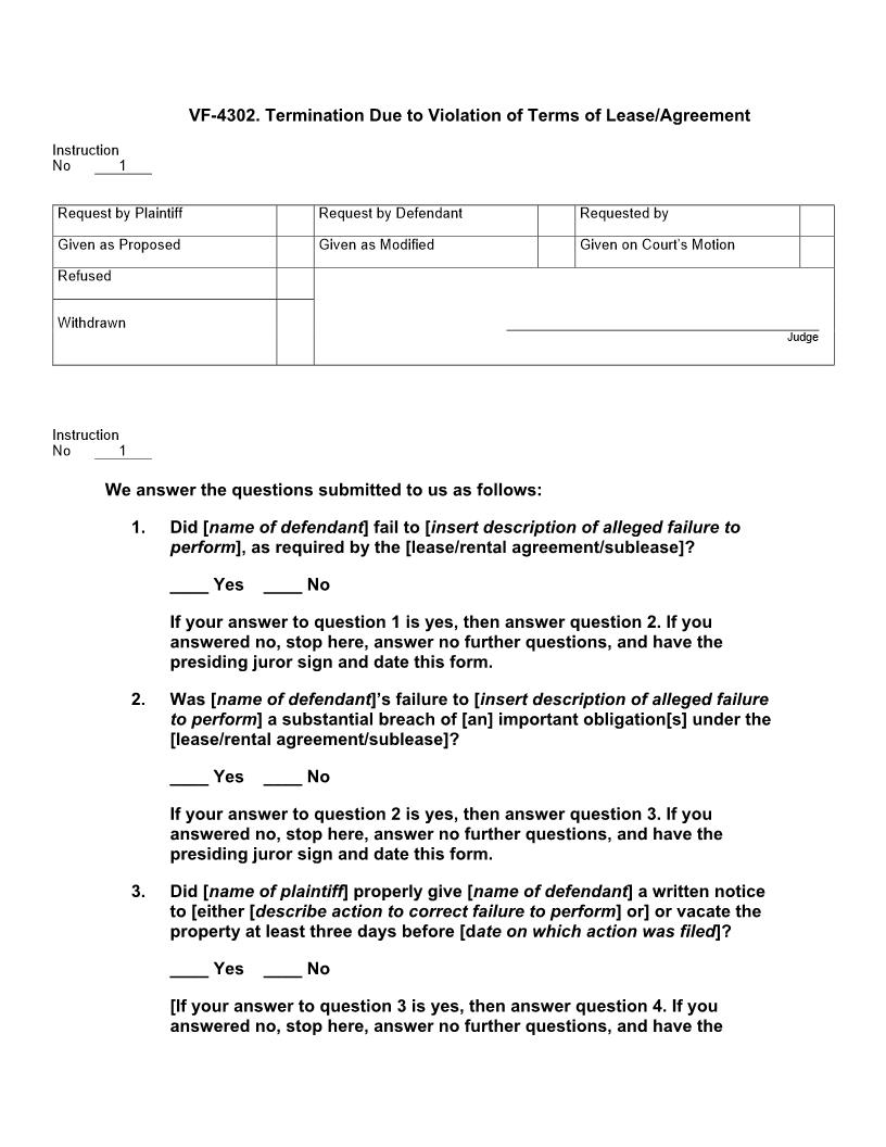 VF 4302. Termination Due to Violation of Terms of Lease or Agreement | Pdf Doc Docx | Jury Instructions