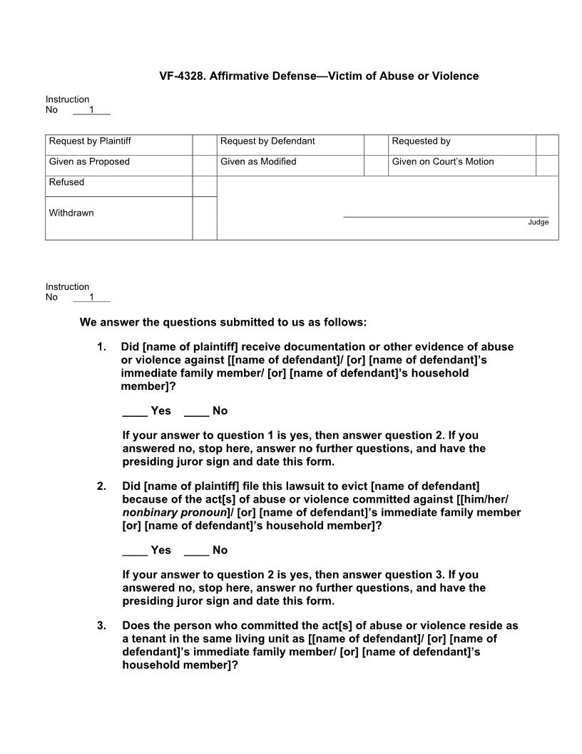 VF 4328. Affirmative Defense Victim Of Abuse Or Violence | Pdf Docx | Jury Instructions