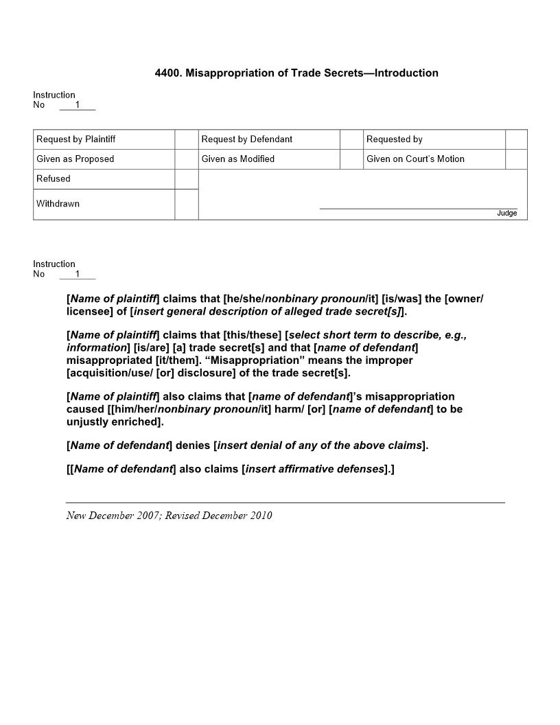 4400. Misappropriation of Trade Secrets Introduction | Pdf Docx | Jury Instructions