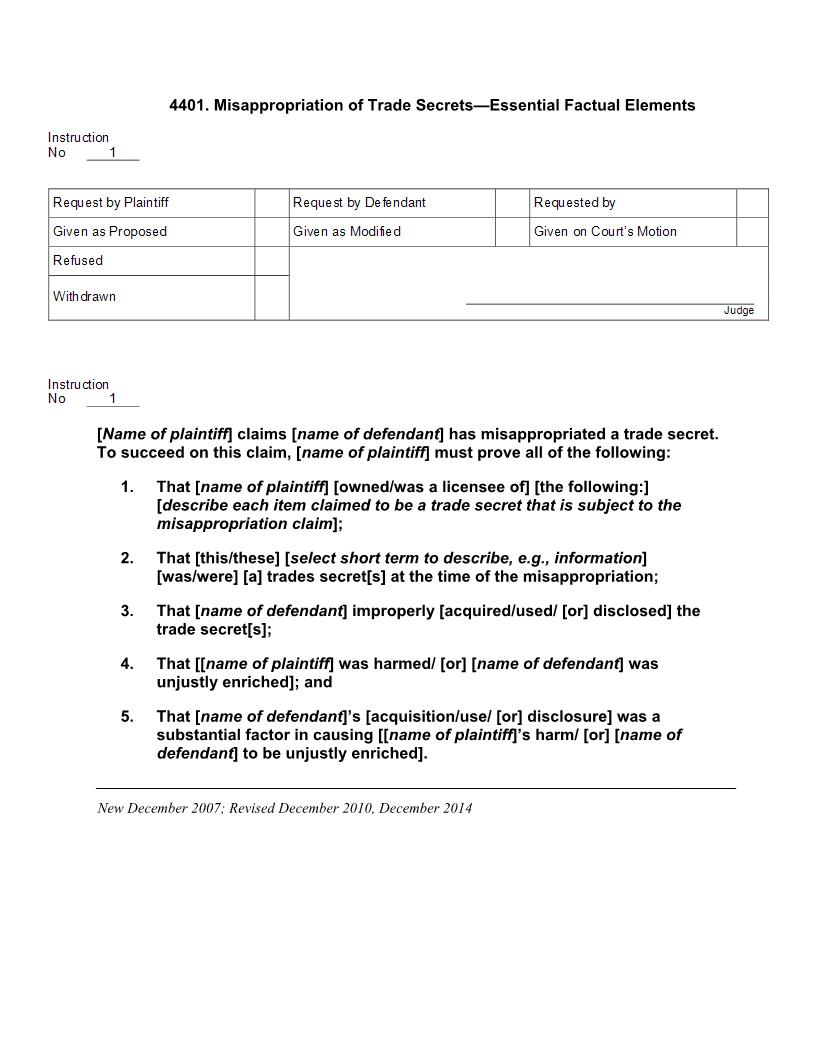 4401. Misappropriation of Trade Secrets Essential Factual Elements | Pdf Doc Docx | Jury Instructions