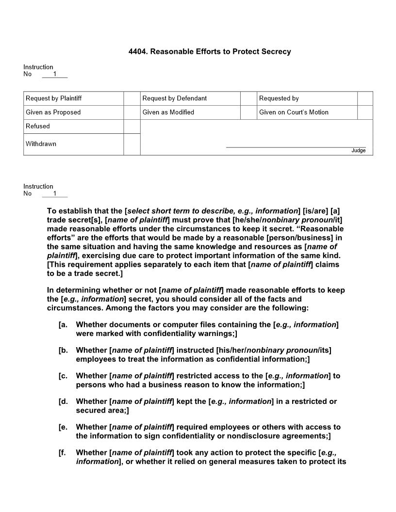 4404. Reasonable Efforts to Protect Secrecy | Pdf Doc Docx | Jury Instructions
