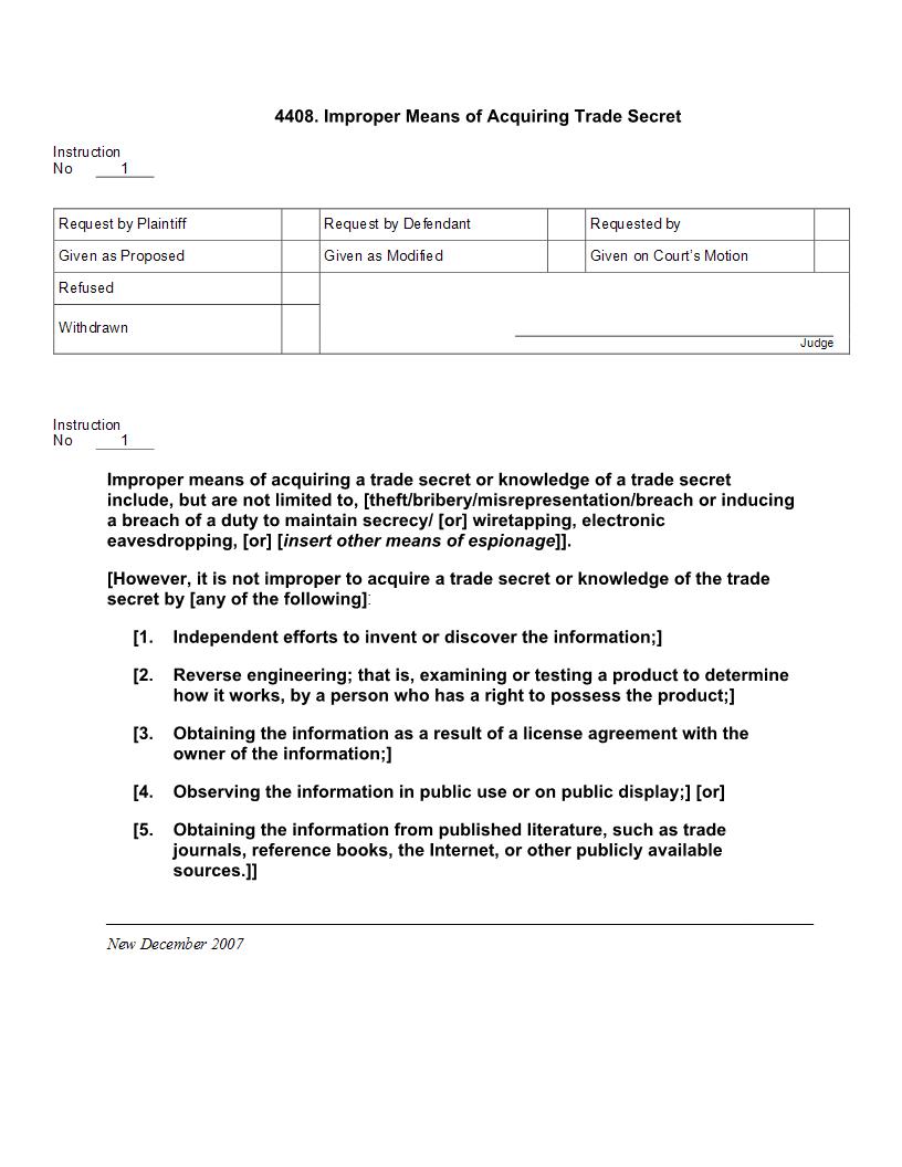 4408. Improper Means of Acquiring Trade Secret | Pdf Docx | Jury Instructions