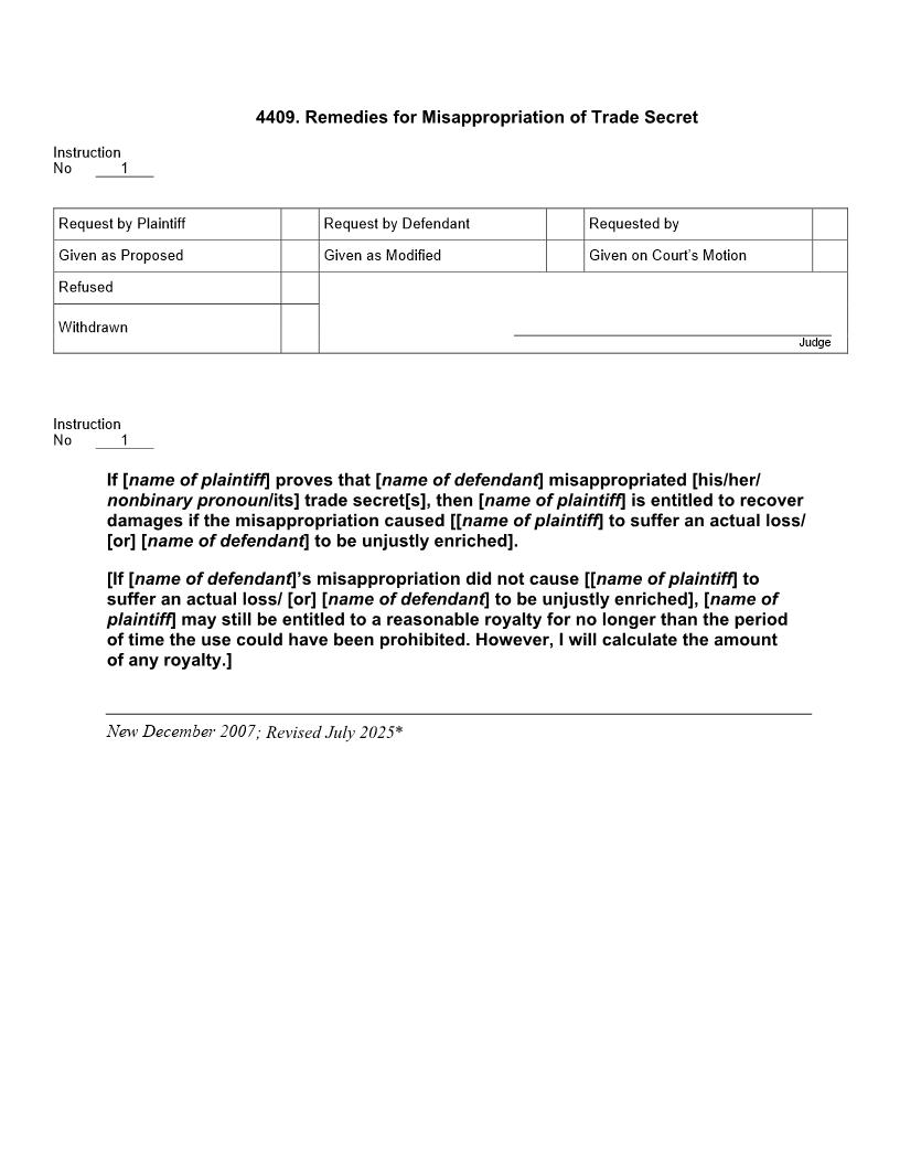 4409. Remedies for Misappropriation of Trade Secret | Pdf Docx | Jury Instructions