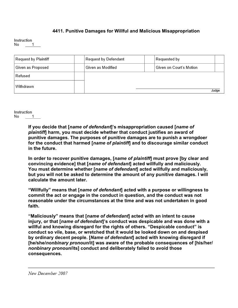 4411. Punitive Damages for Willful and Malicious Misappropriation | Pdf Doc Docx | Jury Instructions