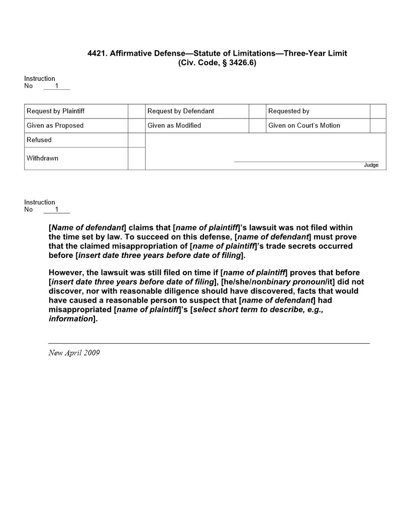 4421. Affirmative Defense Statute of Limitations Three-Year Limit (Civ.Code, § 3426.6) | Pdf Doc Docx | Jury Instructions