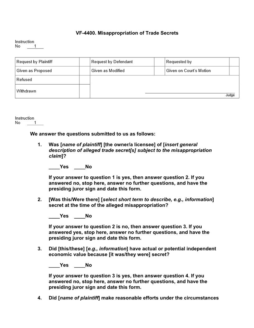 VF 4400. Misappropriation of Trade Secrets | Pdf Docx | Jury Instructions