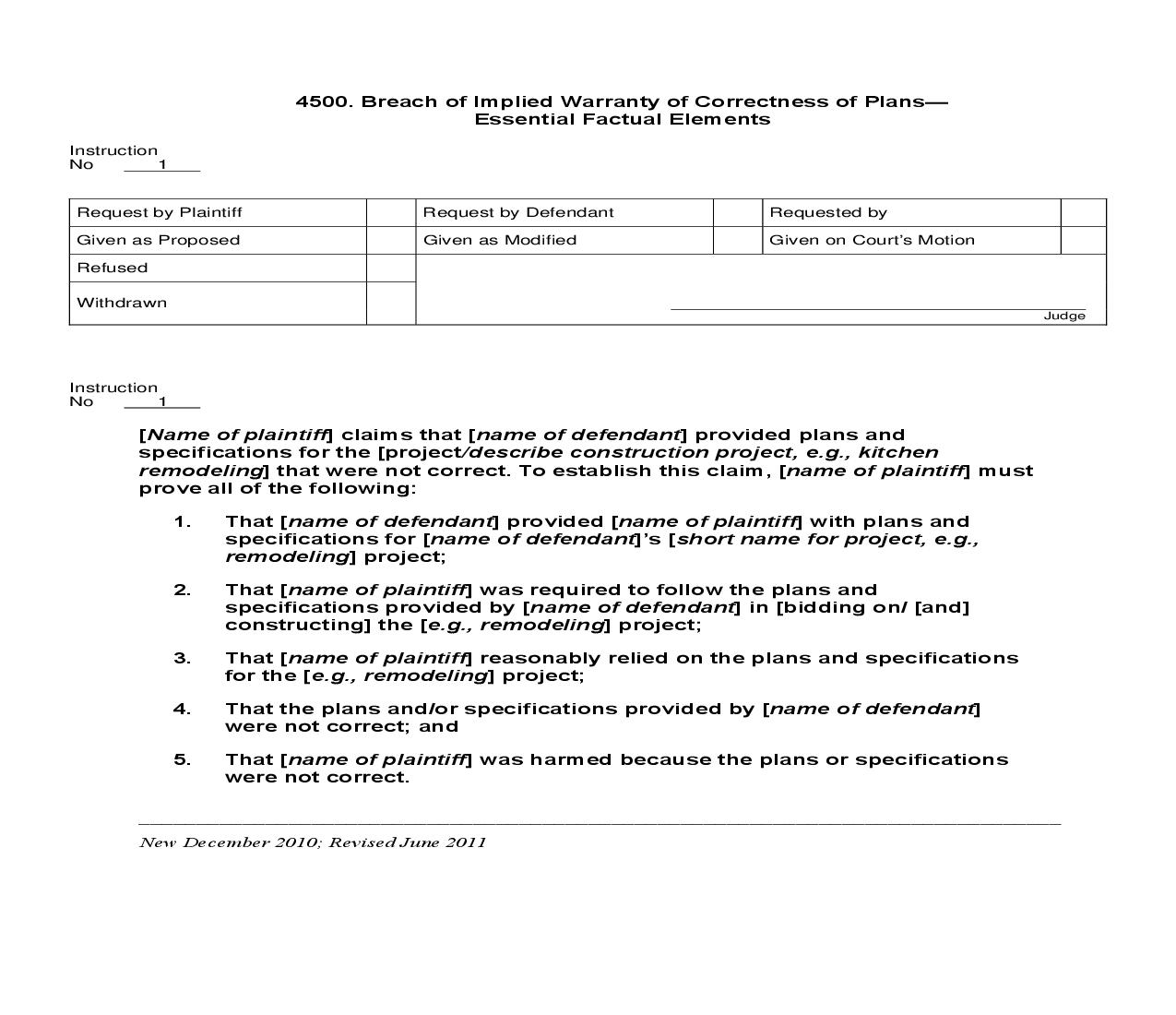 4500. Breach of Implied Warranty of Correctness of Plans and Specifications Essential Factual Elements | Pdf Doc Docx | Jury Instructions