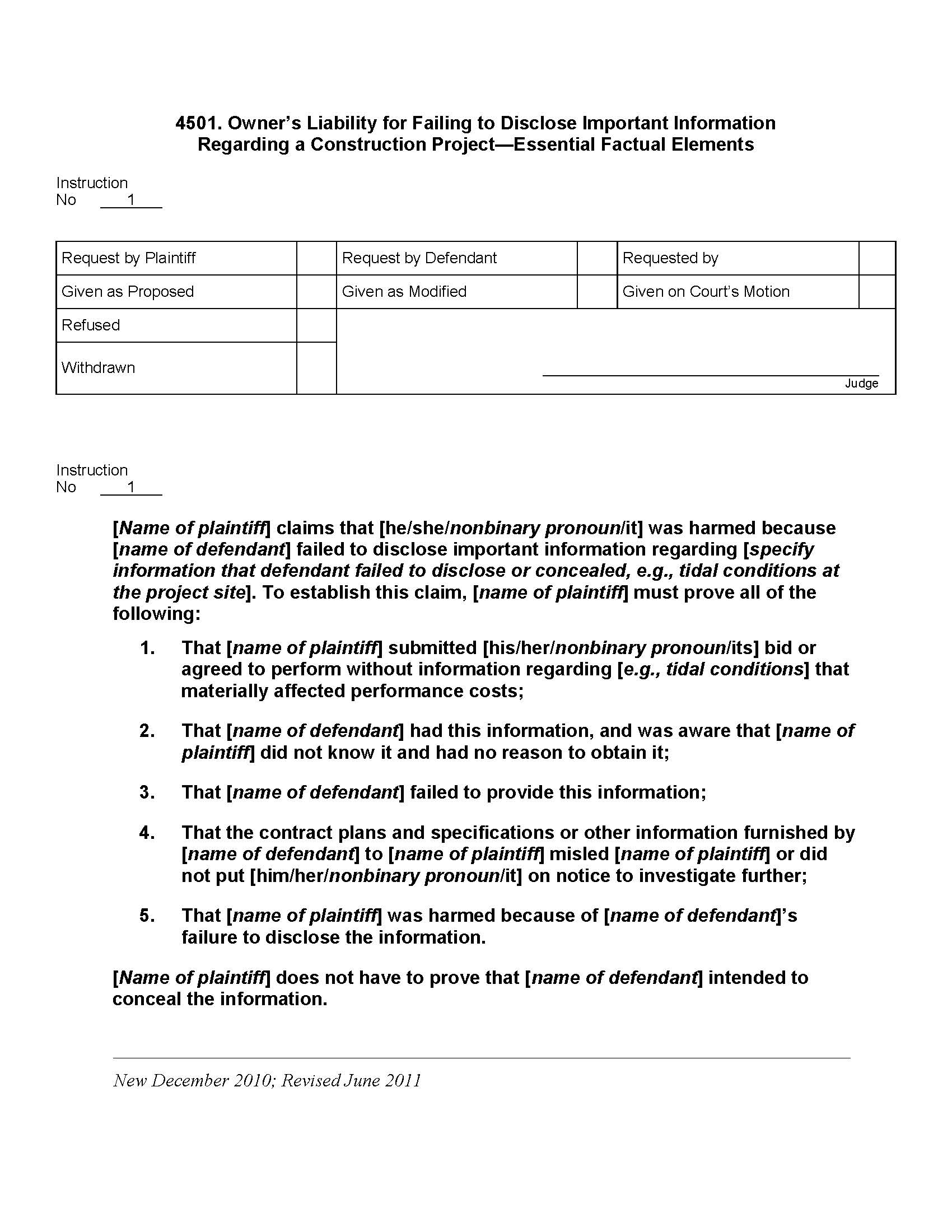 4501. Owners Liability Failing Disclose Information Re Construction Project Essential Factual Elements | Pdf Doc Docx | Jury Instructions