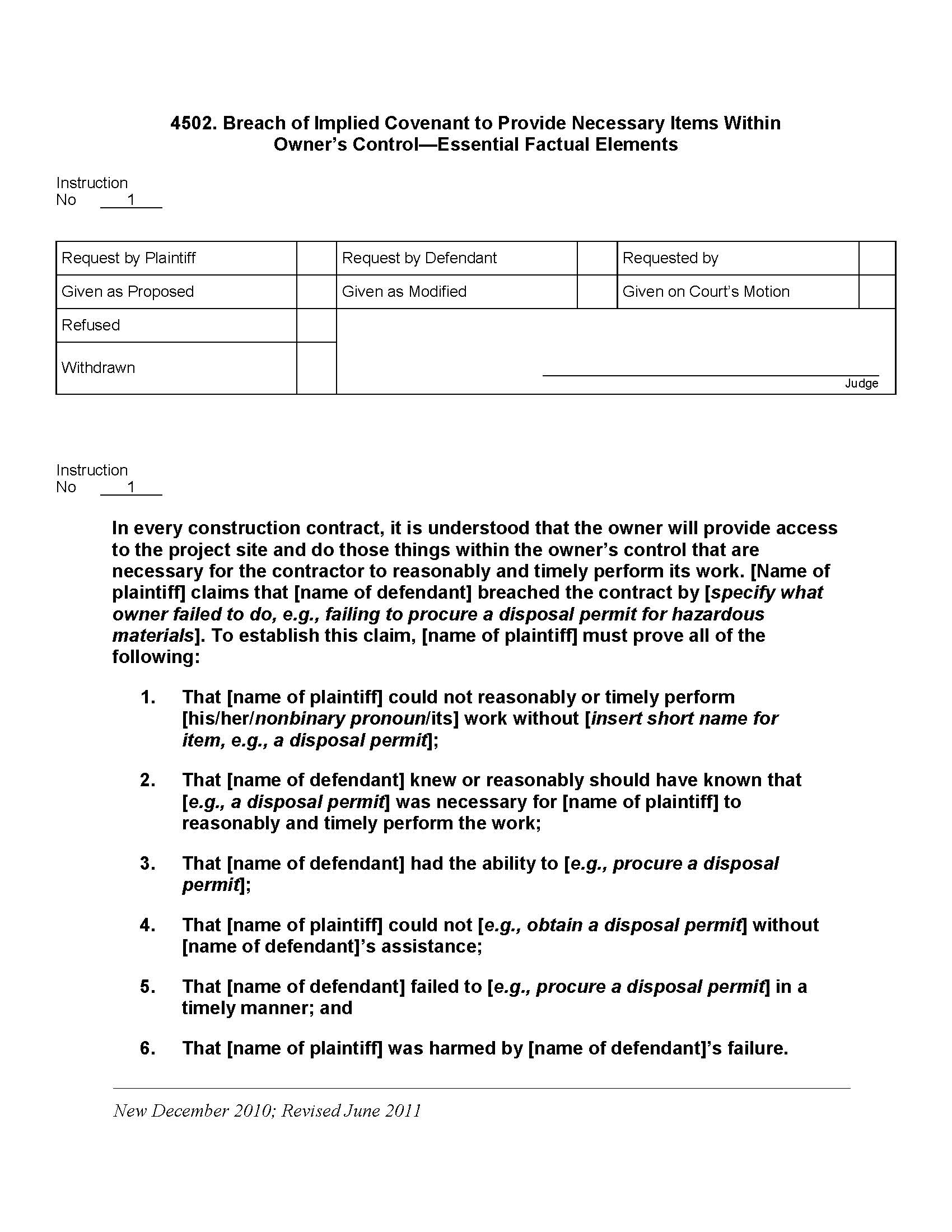4502. Breach Of Implied Covenant Necessary Items Within Owners Control Essential Factual Elements | Pdf Doc Docx | Jury Instructions