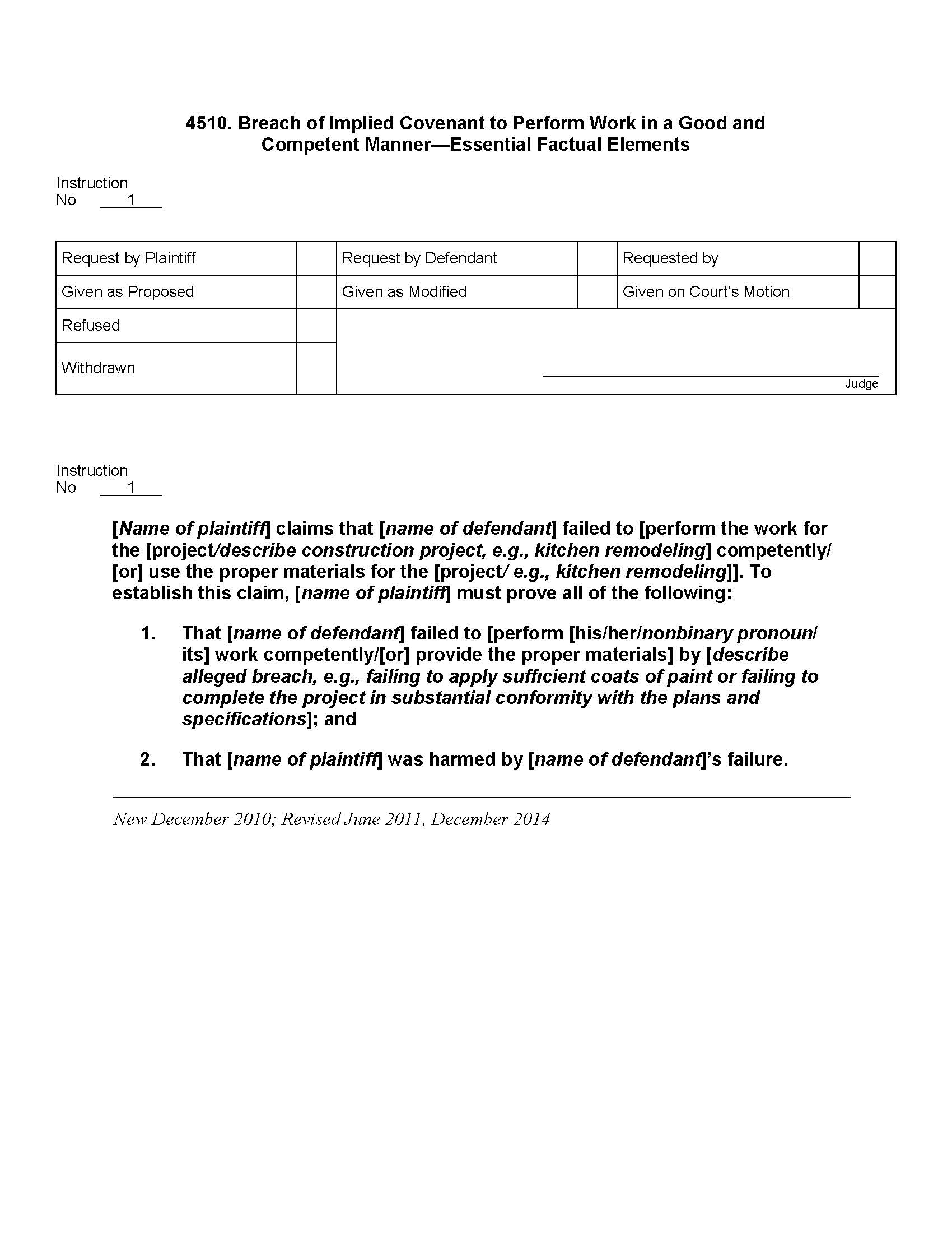 4510. Breach Of Implied Covenant Perform Work Good Competent Manner Essential Factual Elements | Pdf Doc Docx | Jury Instructions