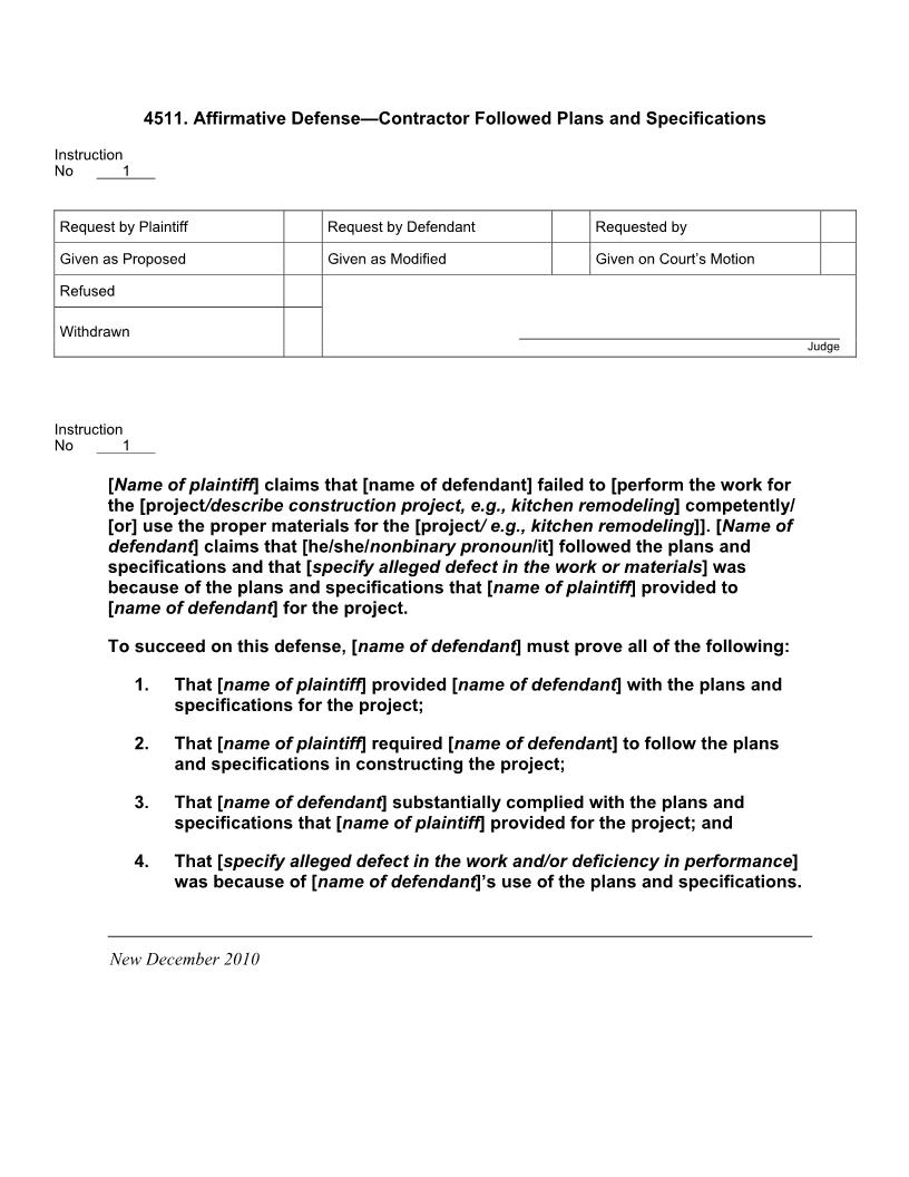 4511. Affirmative Defense Contractor Followed Plans and Specifications | Pdf Doc Docx | Jury Instructions