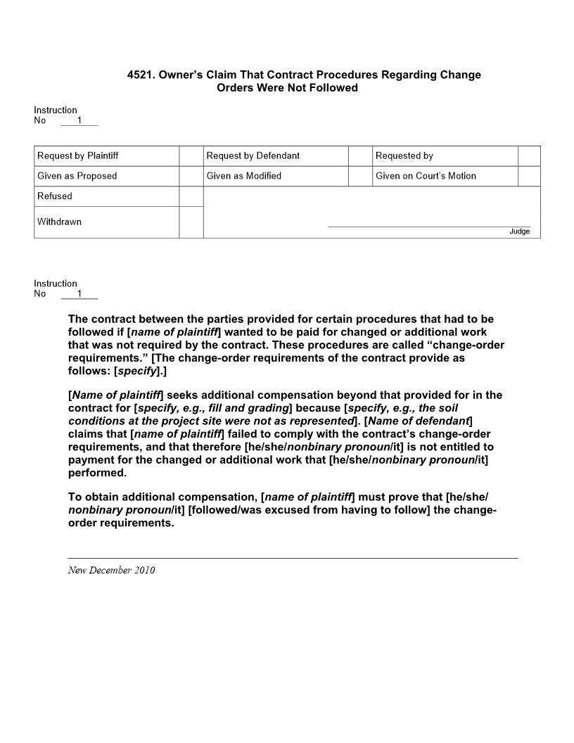 4521. Owners Claim That Contract Procedures Regarding Change Orders Were Not Followed | Pdf Doc Docx | Jury Instructions