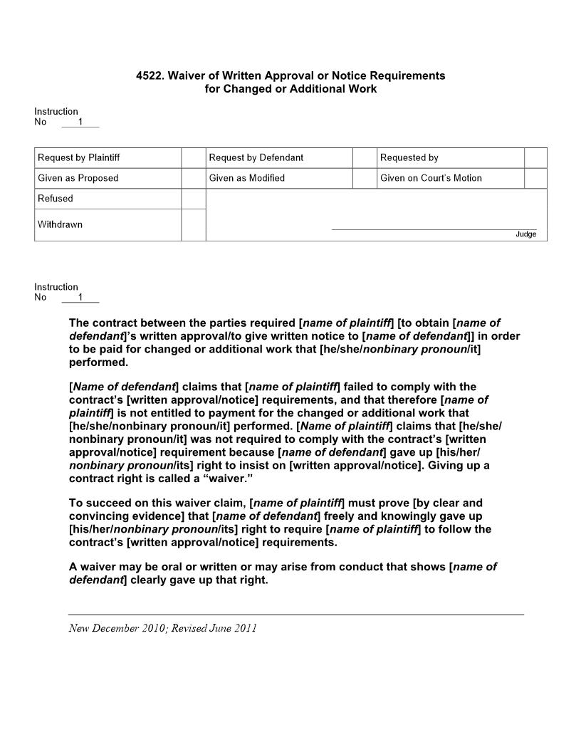 4522. Waiver of Written Approval or Notice Requirements for Changed or Additional Work | Pdf Doc Docx | Jury Instructions