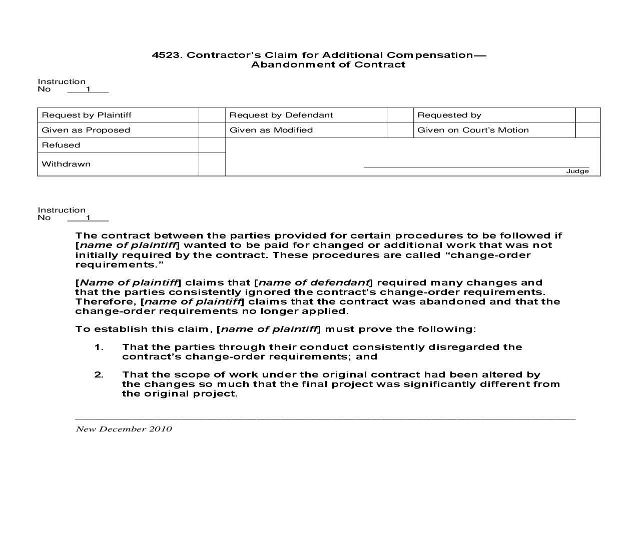 4523. Contractors Claim for Additional Compensation Abandonment of Contract | Pdf Doc Docx | Jury Instructions