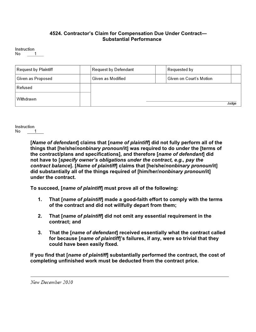 4524. Contractors Claim for Compensation Due Under Contract Substantial Performance | Pdf Doc Docx | Jury Instructions