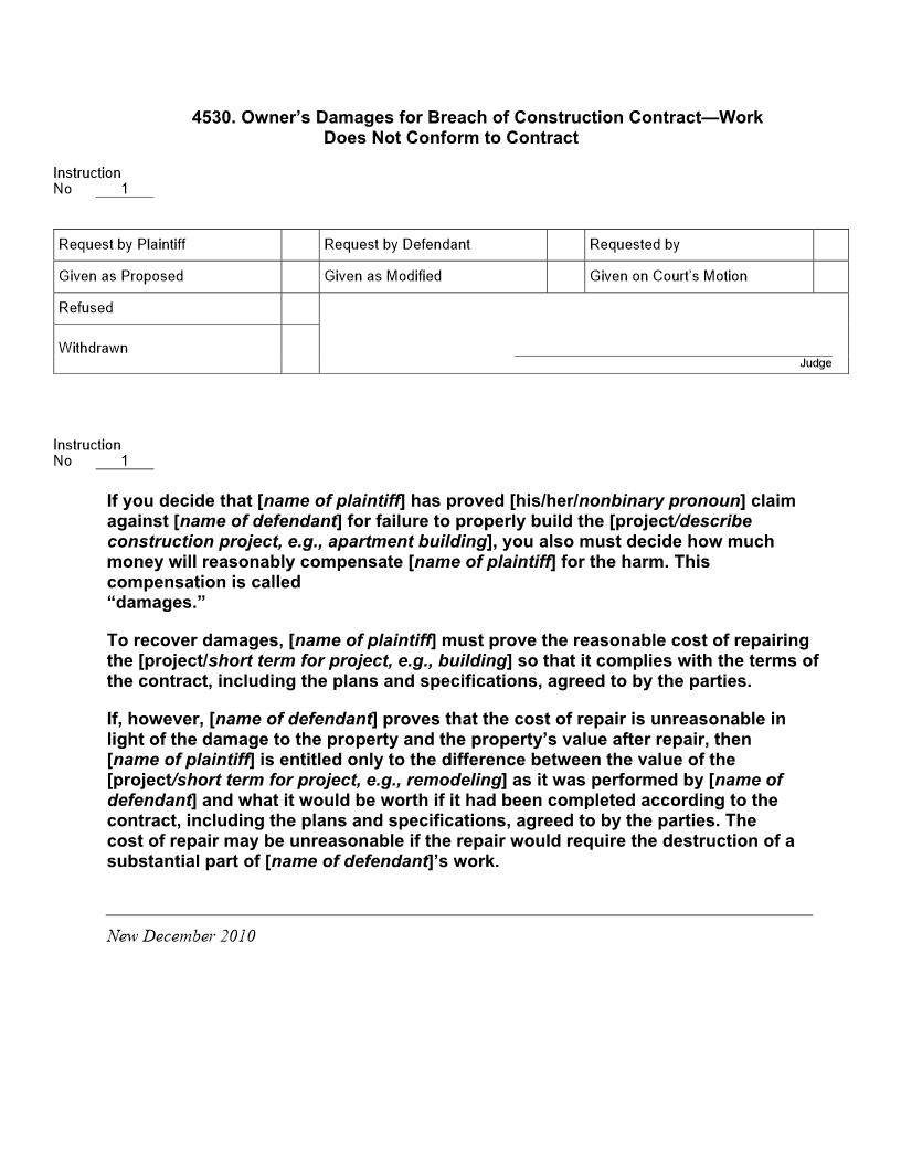 4530. Owners Damages for Breach of Construction Contract Work Does Not Conform to Contract | Pdf Doc Docx | Jury Instructions