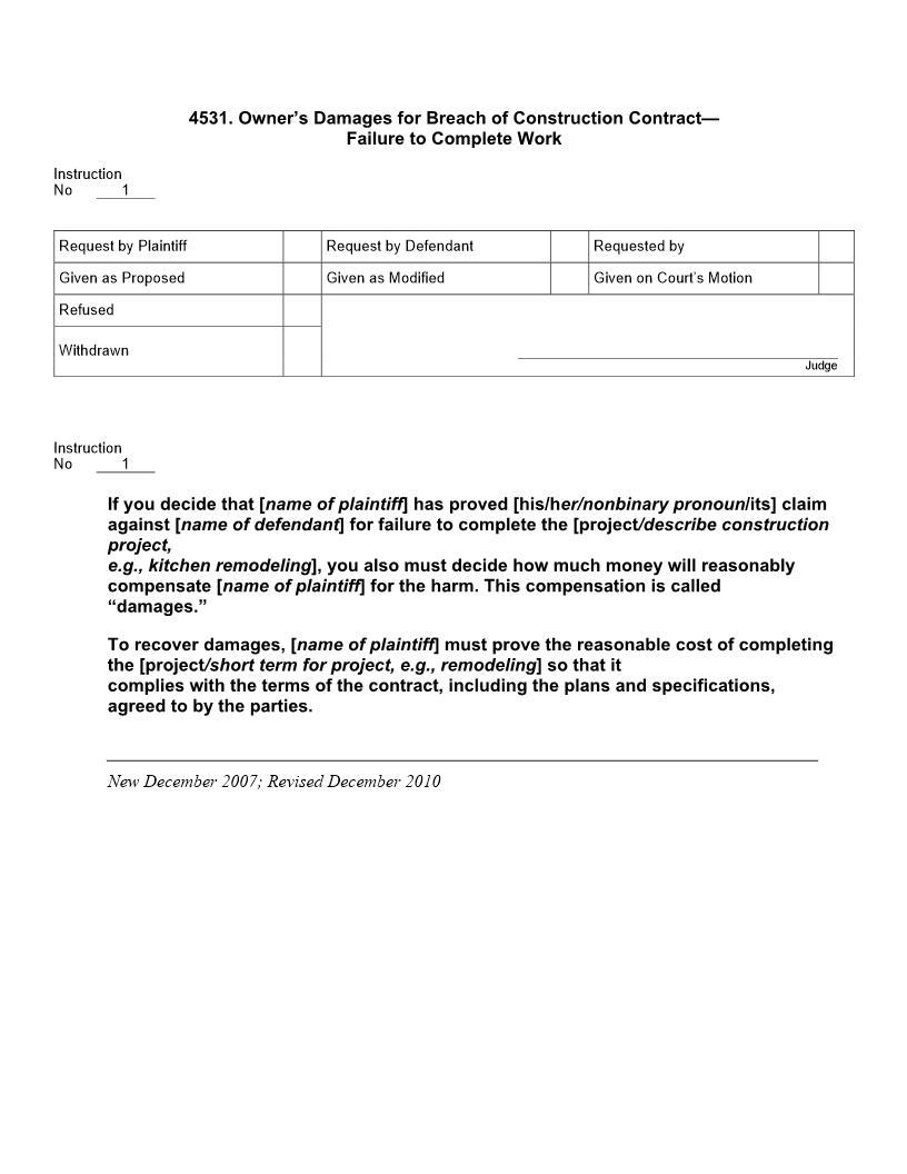 4531. Owners Damages for Breach of Construction Contract Failure to Complete Work | Pdf Doc Docx | Jury Instructions