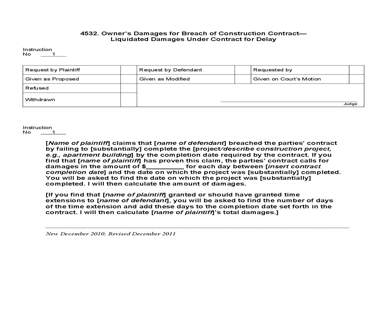 4532. Owners Damages for Breach of Construction Contract Liquidated Damages Under Contract for Delay | Pdf Doc Docx | Jury Instructions