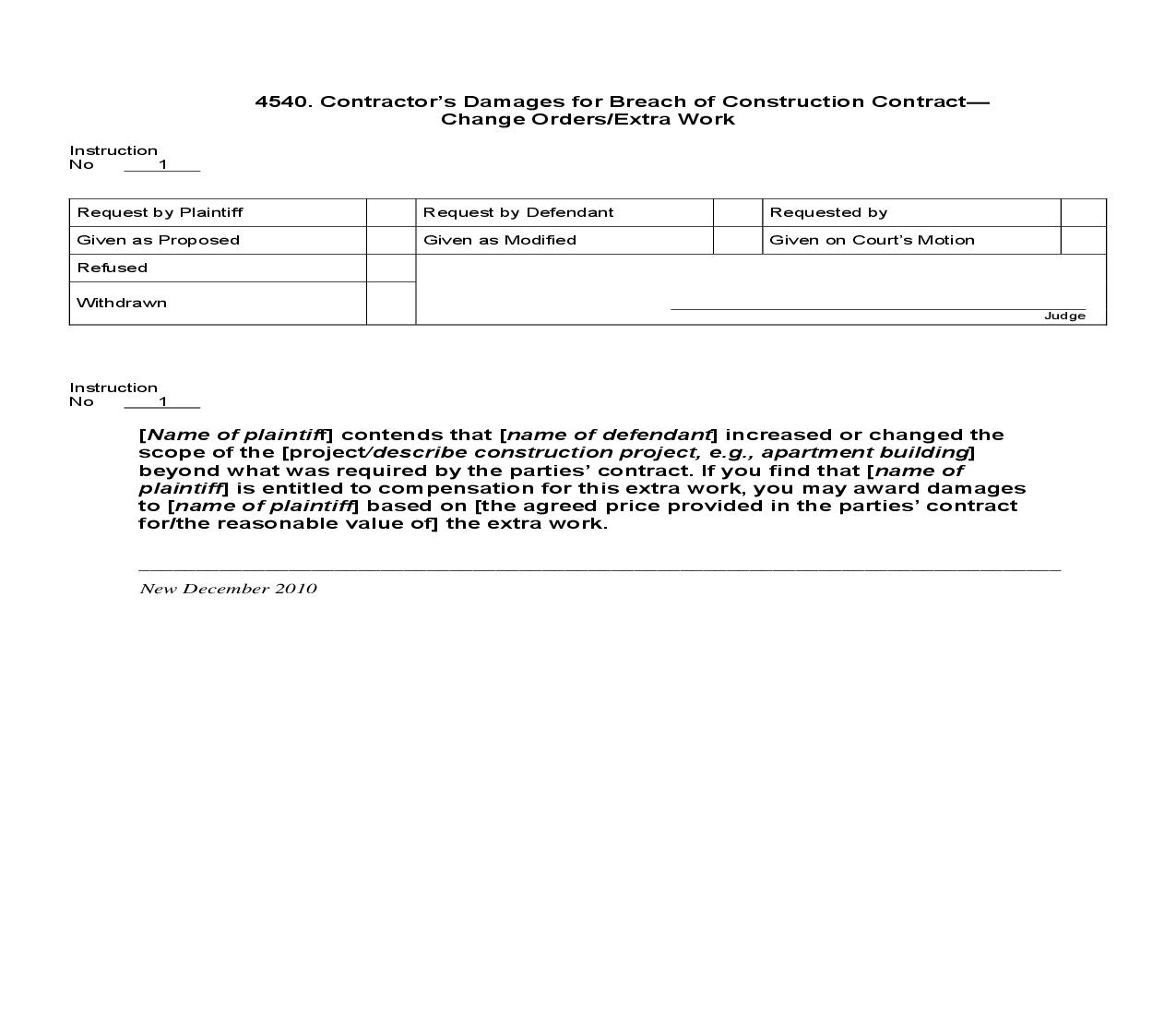 4540. Contractors Damages for Breach of Construction Contract Change Orders-Extra Work | Pdf Doc Docx | Jury Instructions