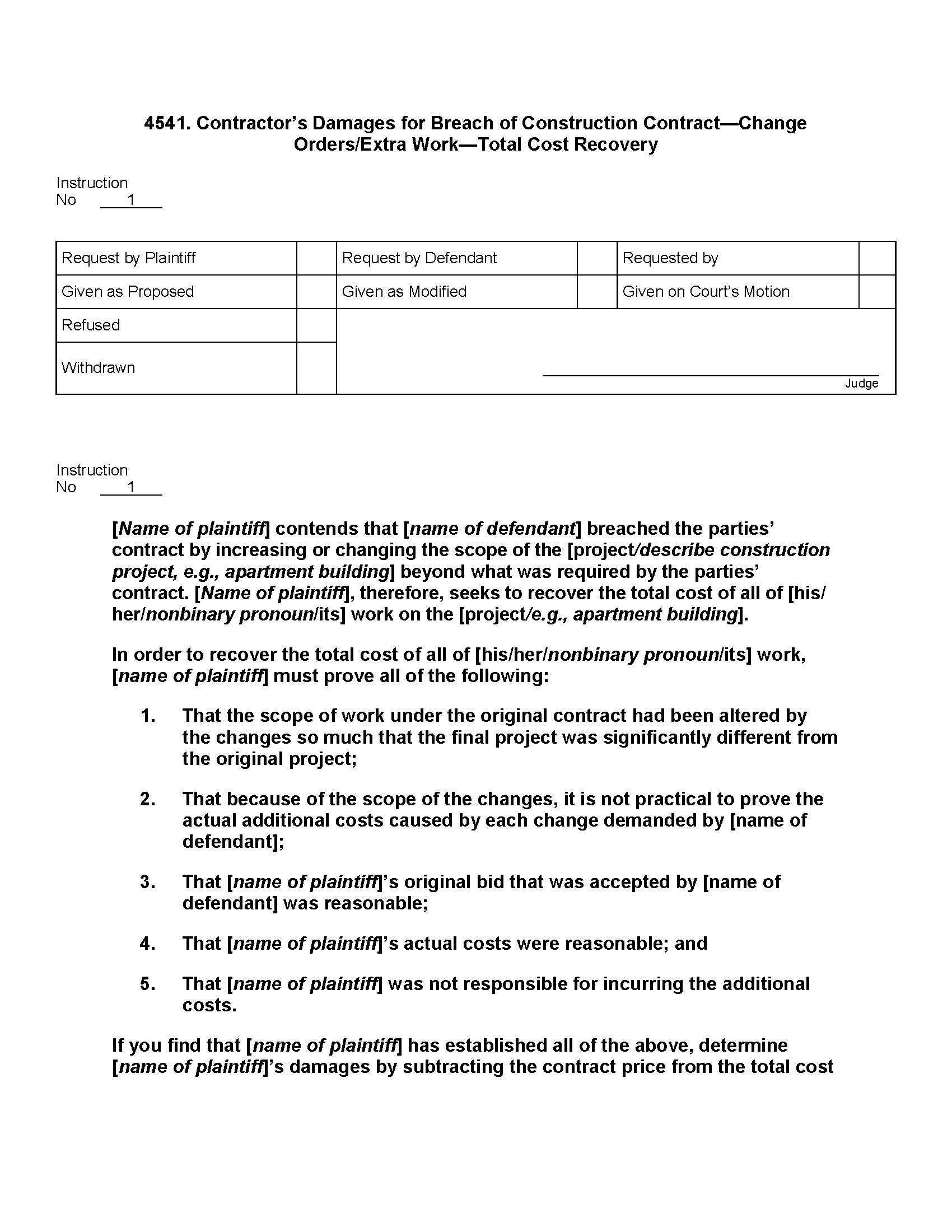 4541. Contractors Damages Breach Of Contract Change Orders-Extra Work-Total Cost Recovery | Pdf Doc Docx | Jury Instructions