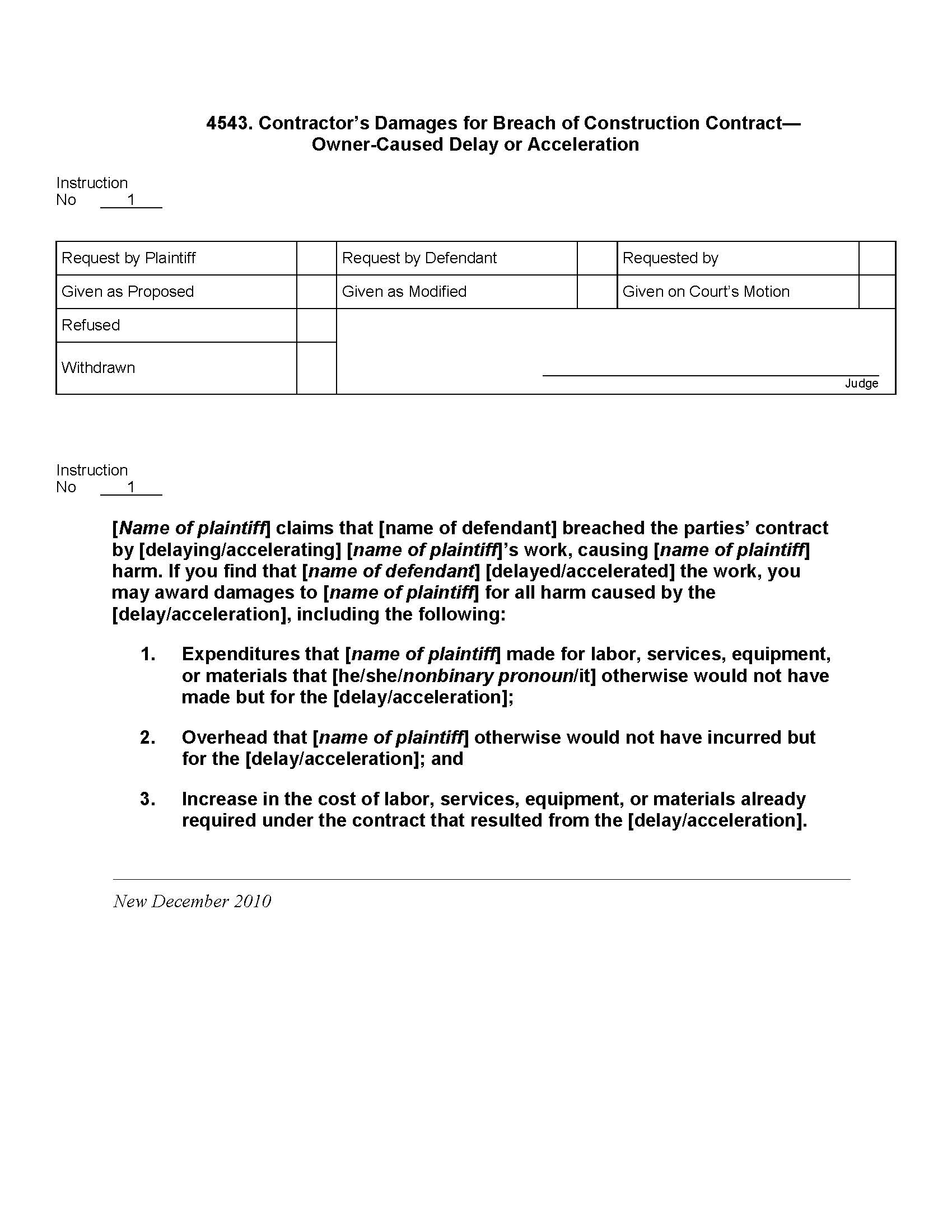 4543. Contractors Damages Breach Of Construction Contract Owner-Caused Delay Acceleration | Pdf Doc Docx | Jury Instructions