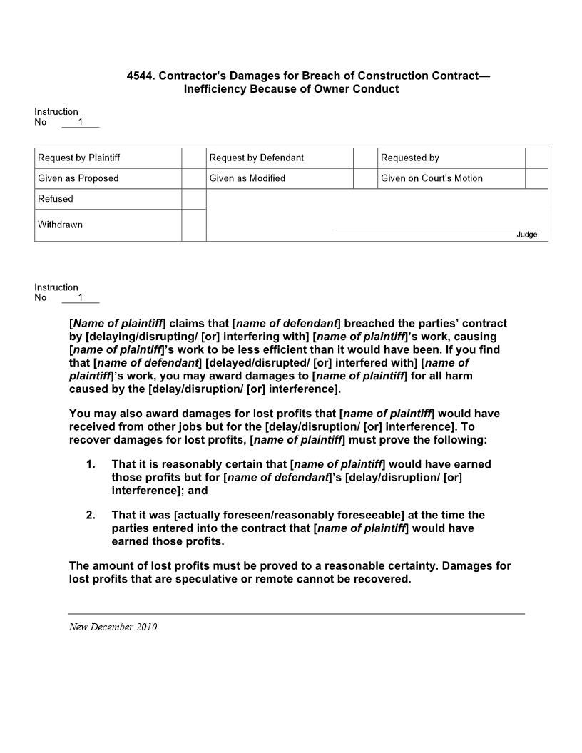 4544. Contractors Damages For Breach Of Construction Contract Inefficiency Owner Conduct | Pdf Doc Docx | Jury Instructions