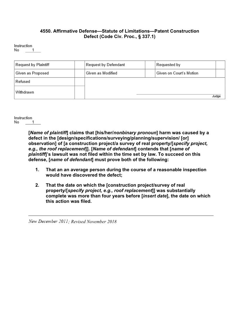 4550. Affirmative Defense Statute of Limitations Patent Construction Defect (Code Civ. Proc., § 337.1) | Pdf Doc Docx | Jury Instructions