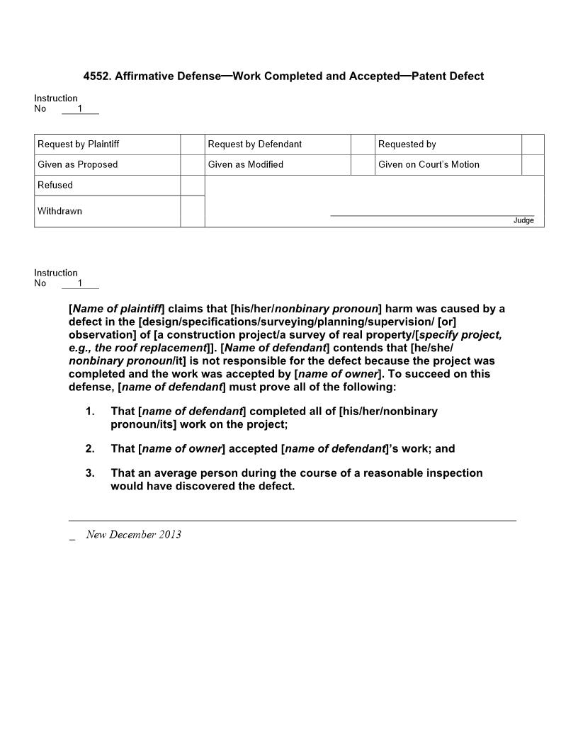 4552. Affirmative Defense Work Completed and Accepted Patent Defect | Pdf Doc Docx | Jury Instructions