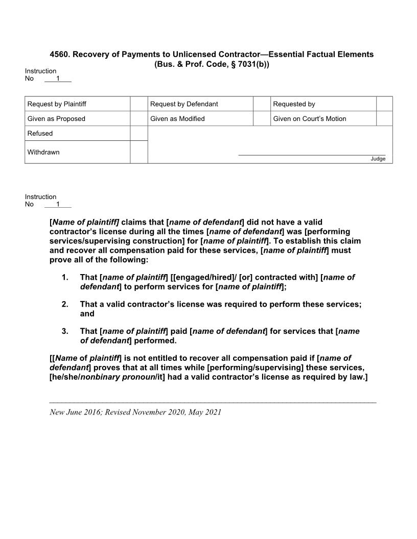 4560. Recovery Of Payments To Unlicensed Contractor Essential Factual Elements | Pdf Doc Docx | Jury Instructions