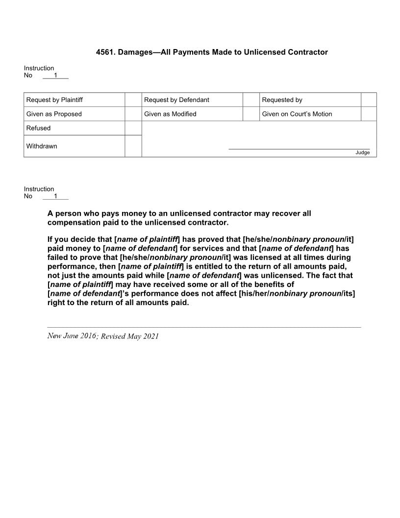 4561. Damages All Payments Made to Unlicensed Contractor | Pdf Doc Docx | Jury Instructions