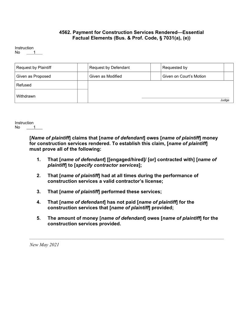 4562. Payment For Construction Services Rendered Essential Factual Elements | Pdf Docx | Jury Instructions