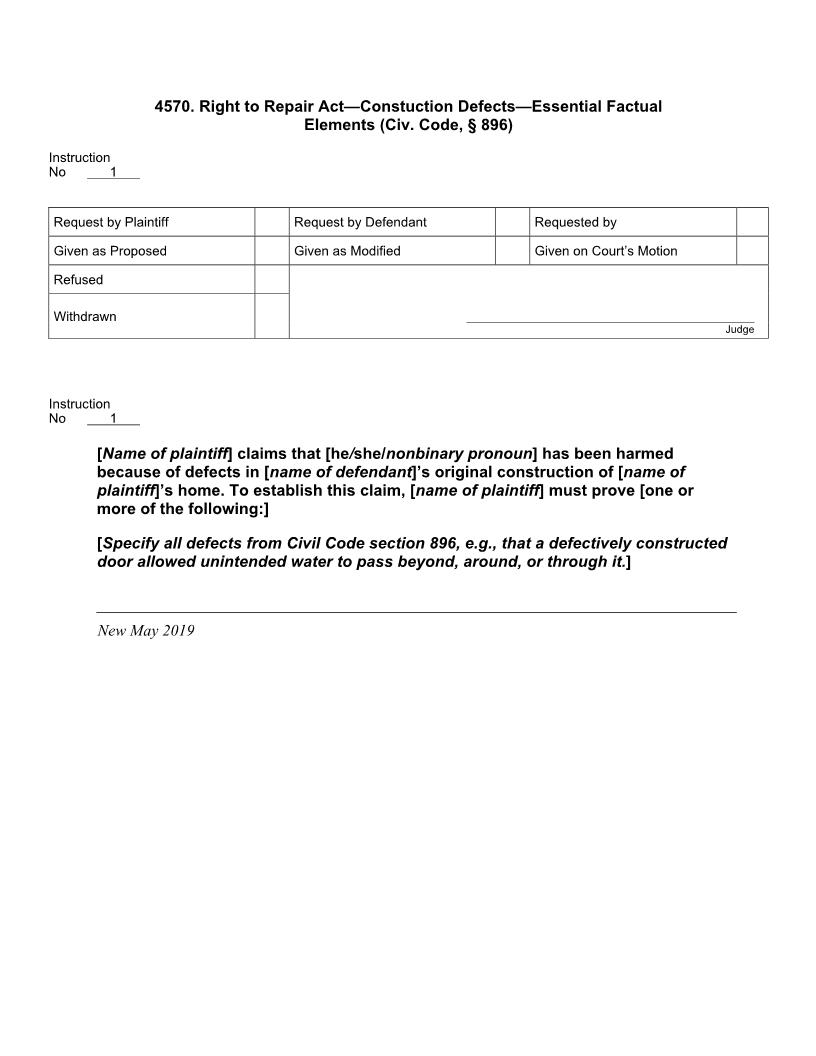 4570. Right To Repair Act Construction Defects Essential Factual Elements | Pdf Docx | Jury Instructions