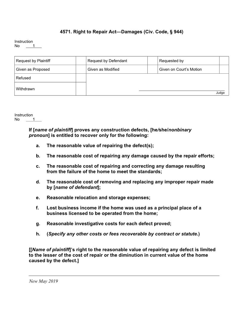 4571. Right To Repair Act Damages | Pdf Docx | Jury Instructions