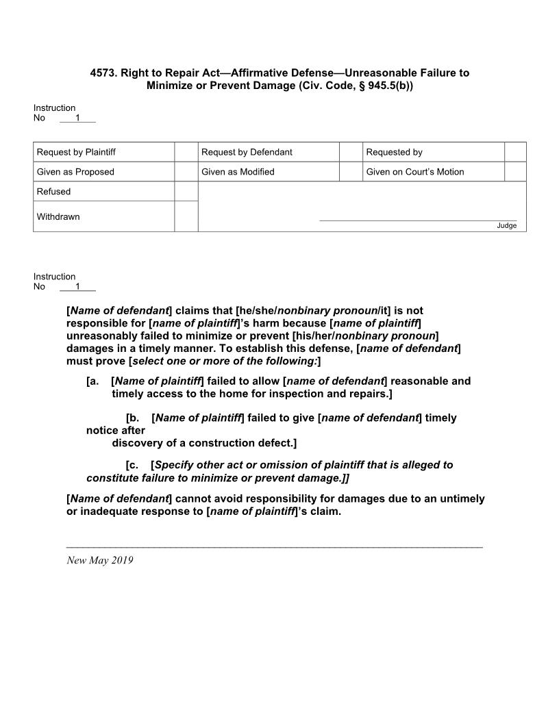 4573. Right To Repair Act Affirmative Defense Failure To Minimize Damage | Pdf Docx | Jury Instructions
